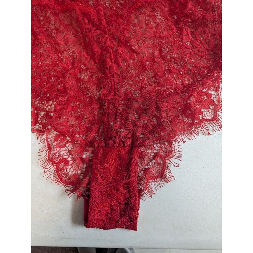 Sheer Lace Halter Teddy Bodysuit Deep V‎ Neck Red Ribbon Tie Size S - Picture 5 of 10